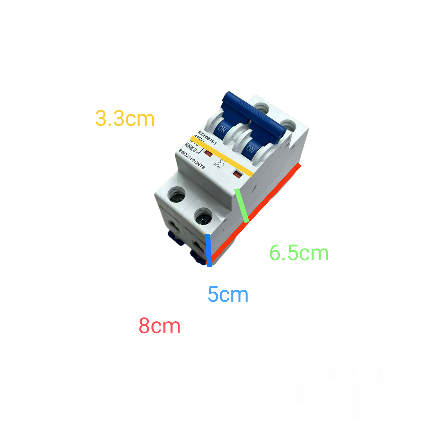Circuit breaker with dimensions labeled on a white background