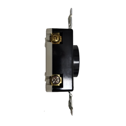Panasonic 20A twist lock outlet WF2320 black housing with brass screw terminals and metal mounting straps