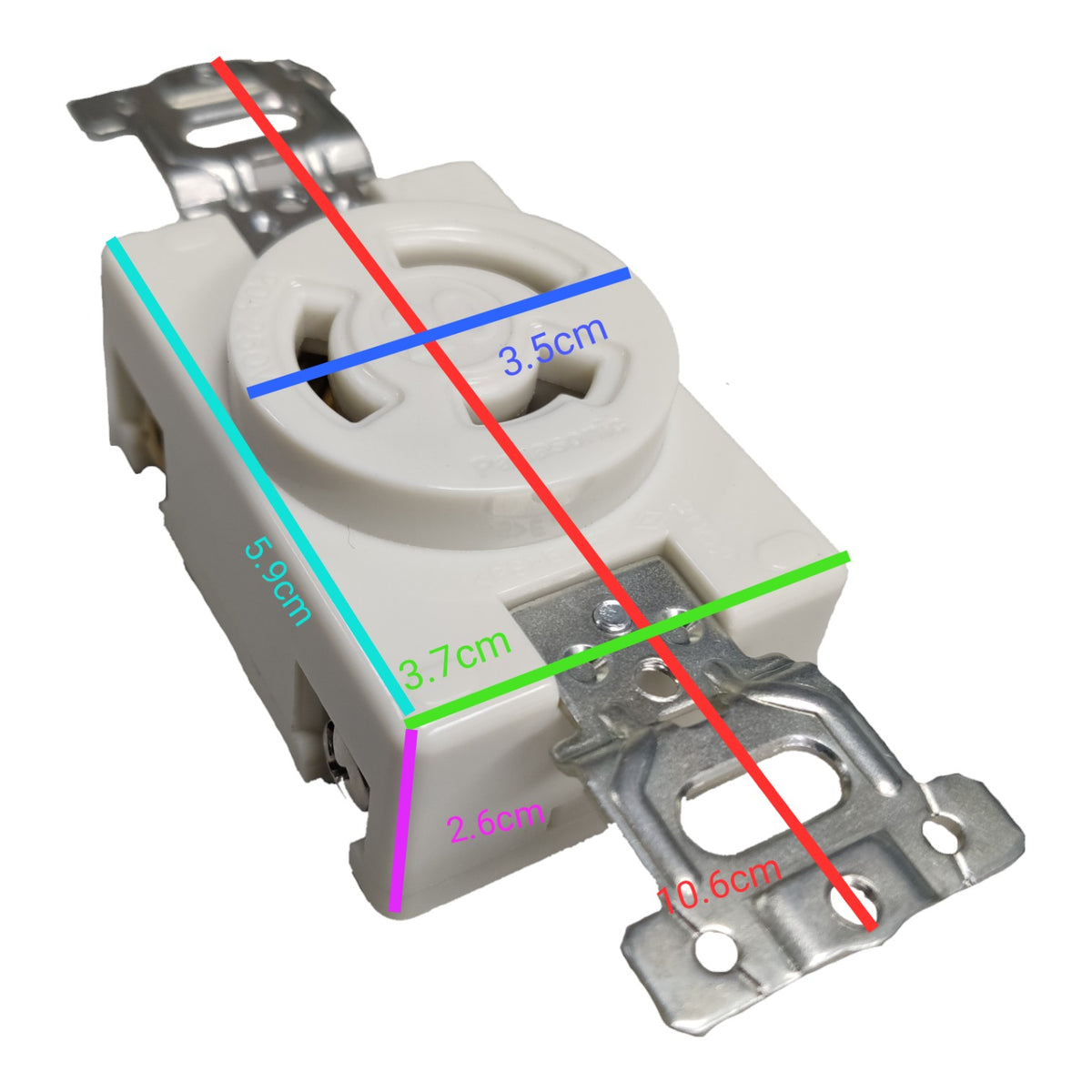 A white electrical wall switch with metal mounting tabs, overlaid with colored dimension lines and text showing measurements in centimeters.