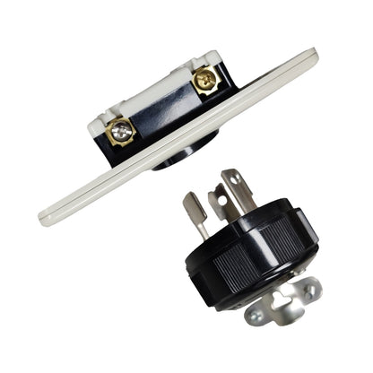 A black and white electrical outlet adapter with gold screw terminals and silver metal prongs, shown from two angles on a white background.