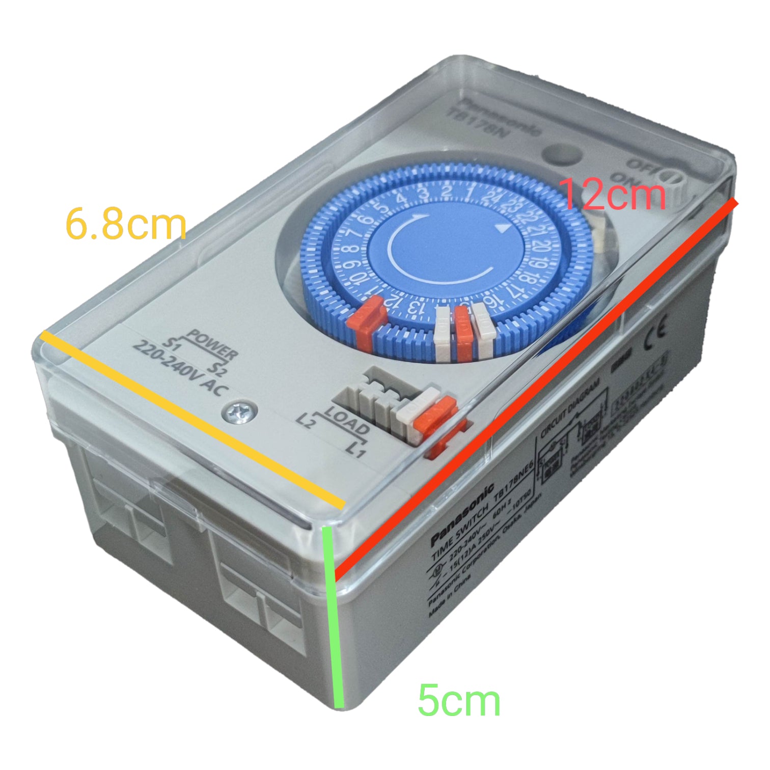 Rectangular electronic component with blue dial and measurement dimensions on a white background