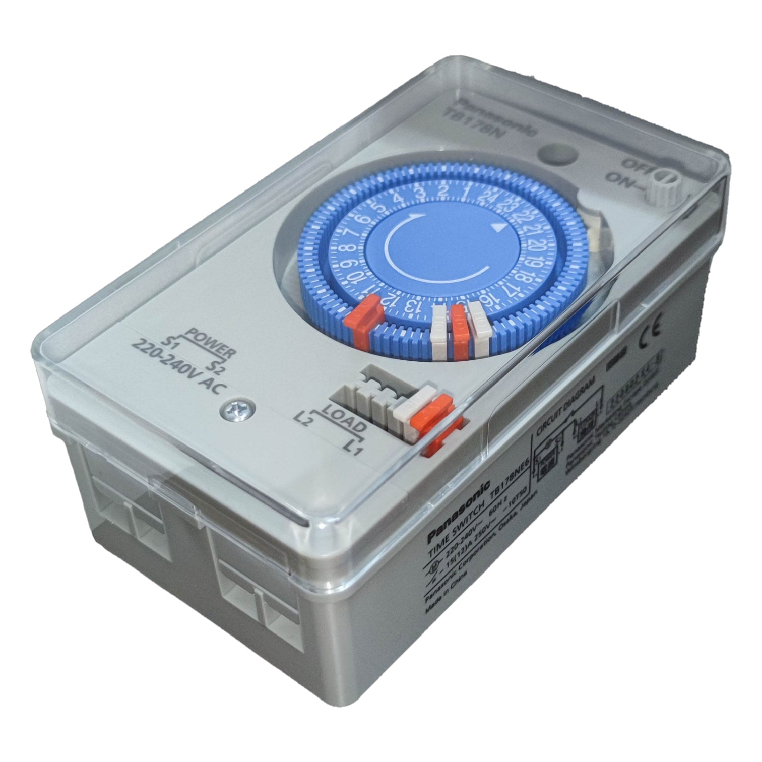 Timer switch with blue dial on a white background