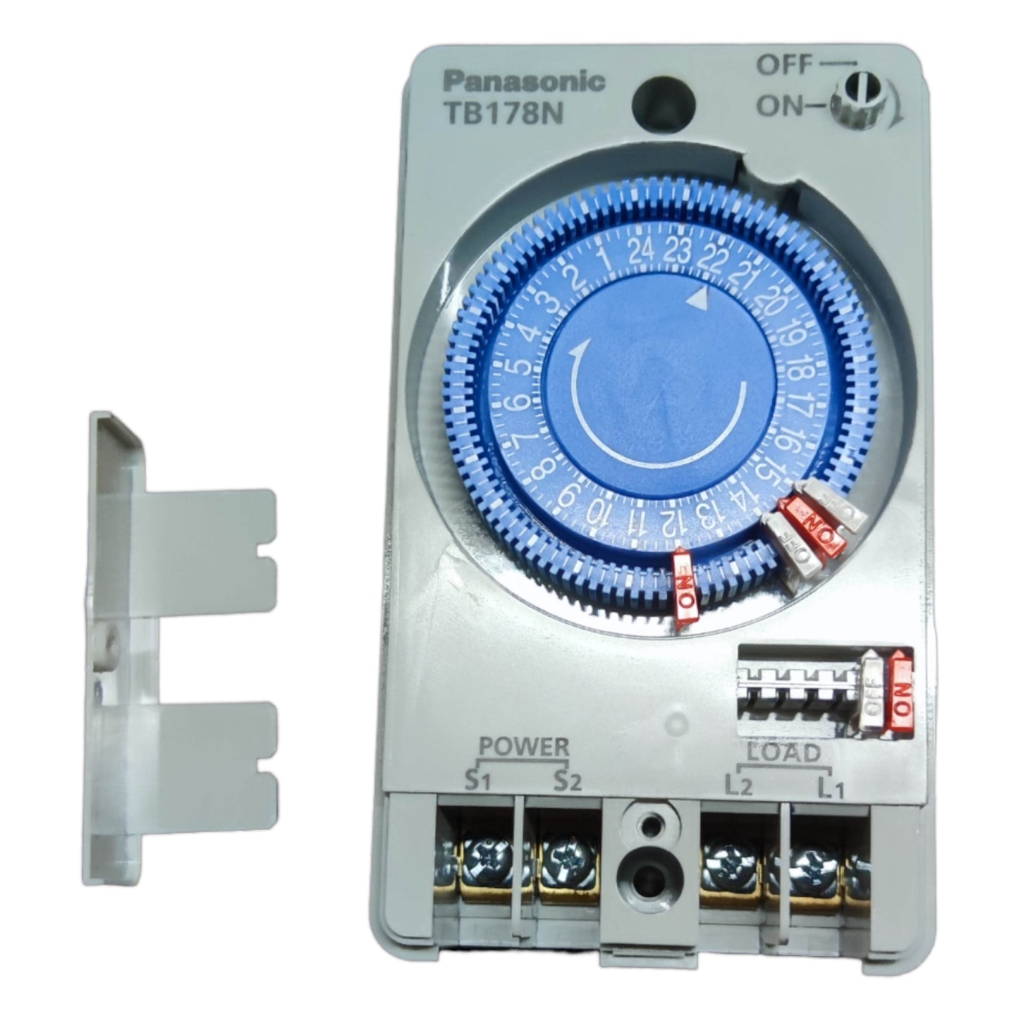 Panasonic timer switch with blue dial on a white background