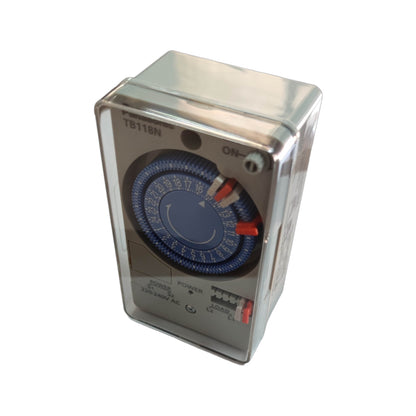 Mechanical timer with blue dial on a white background