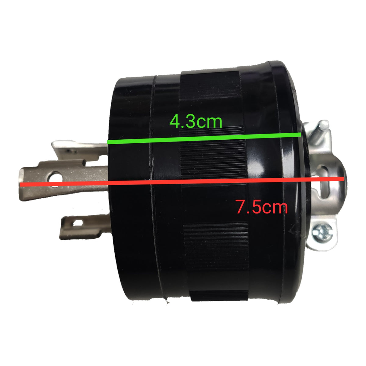 Black cylindrical electrical outlet or socket with metal terminal bars on both ends, shown on a white background with red and green dimension lines and text indicating 7.5cm and 4.