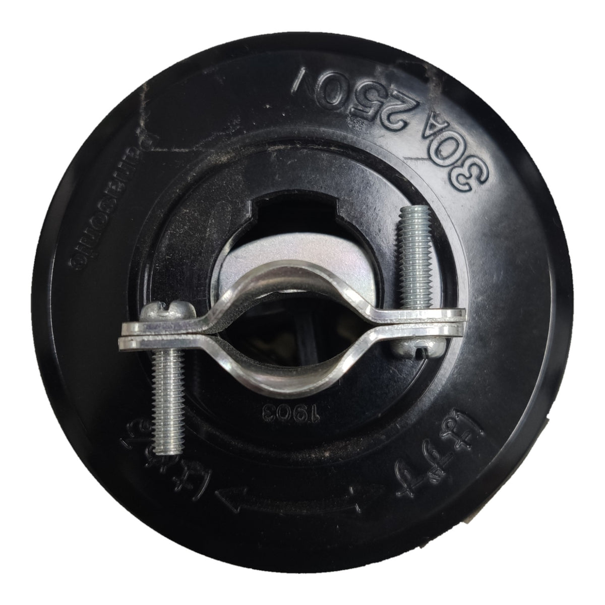 A black circular plastic cap with a silver metal clamp bolt, shown on a plain white background.