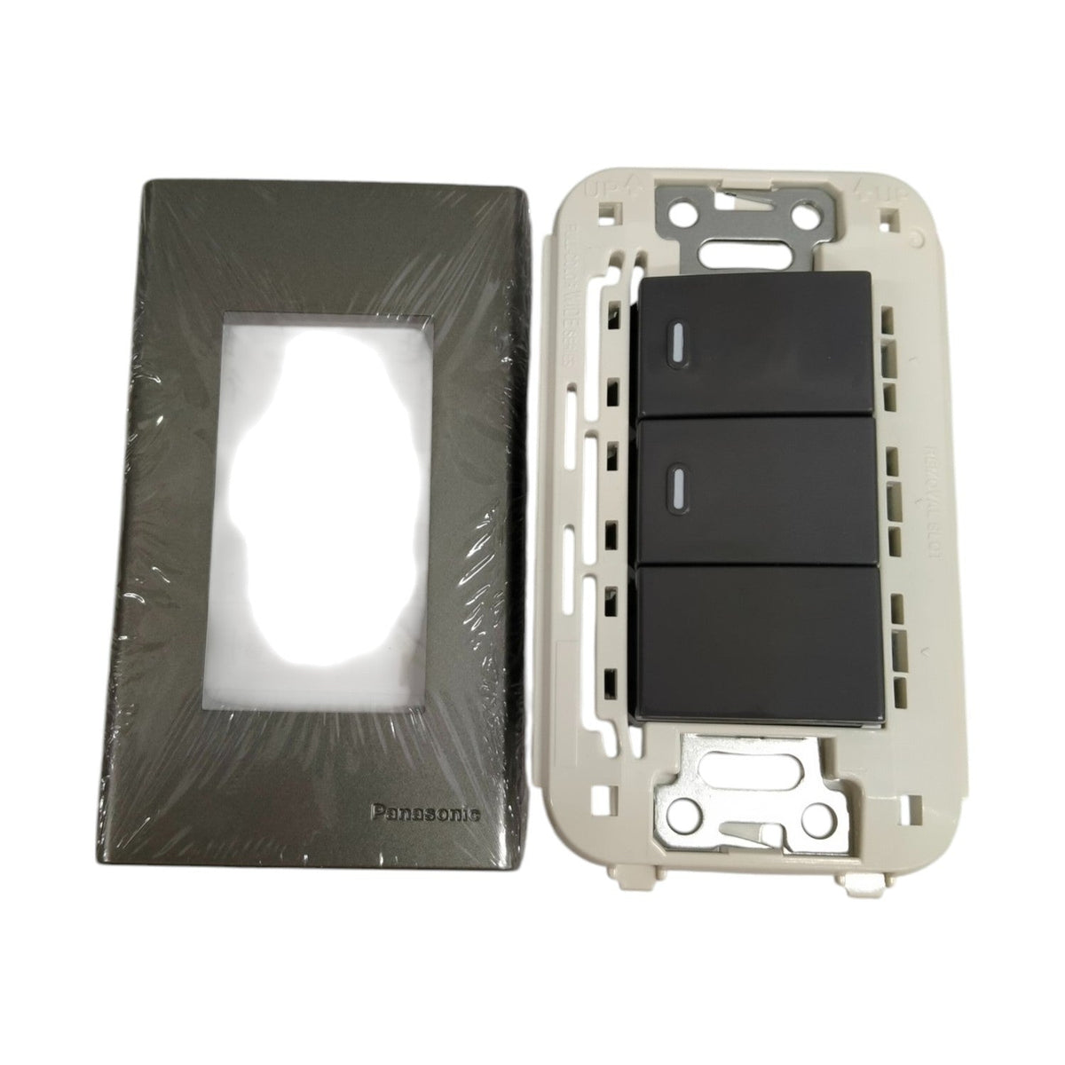 Panasonic 16A 250V metallic gray wall switch with three control points and a stylish design.