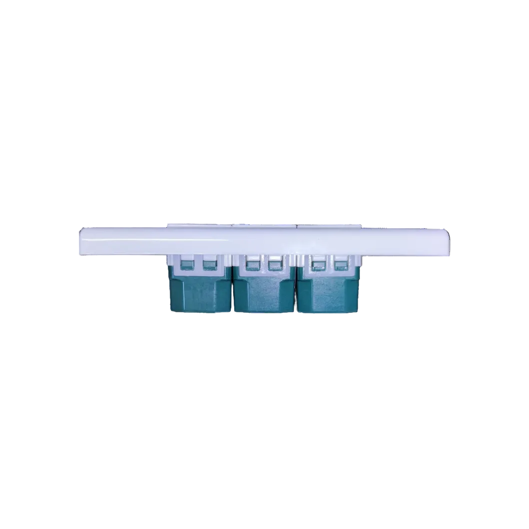 Panasonic 3 gang universal outlet white faceplate with three green modular sockets on black background