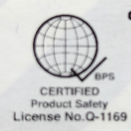 Panasonic 3 gang universal outlet safety certification label with globe and check mark License No Q 1169