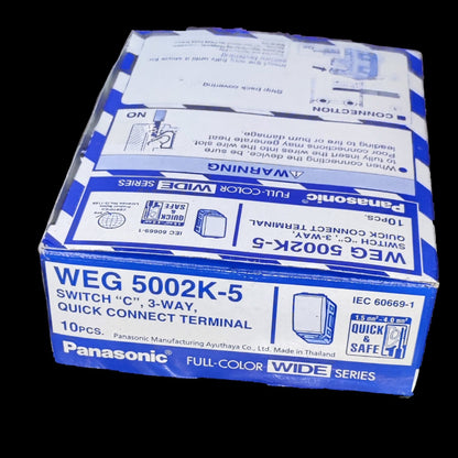 Panasonic 3 Way Switch Wide Series WEG5002K-5 box containing 10 quick connect terminal switches