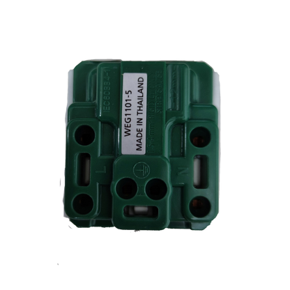 Panasonic green wiring module for 16A 250V flat pin outlet with ground. Internal terminals labeled L N