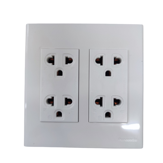 White duplex socket outlet with ground 16A featuring four plug points on a square wall plate
