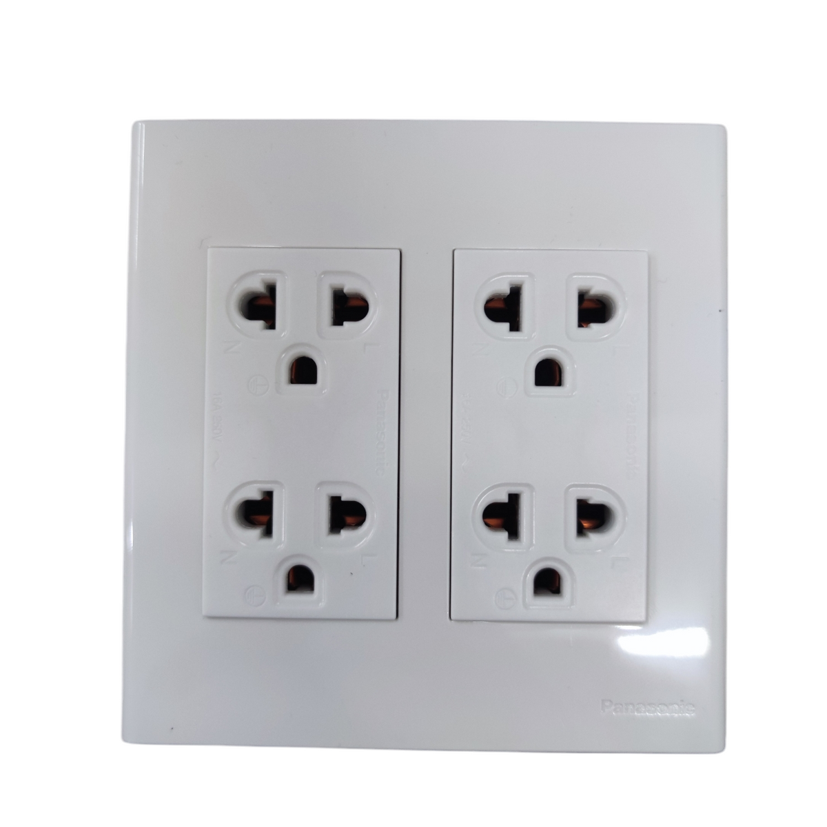 White duplex socket outlet with ground 16A featuring four plug points on a square wall plate