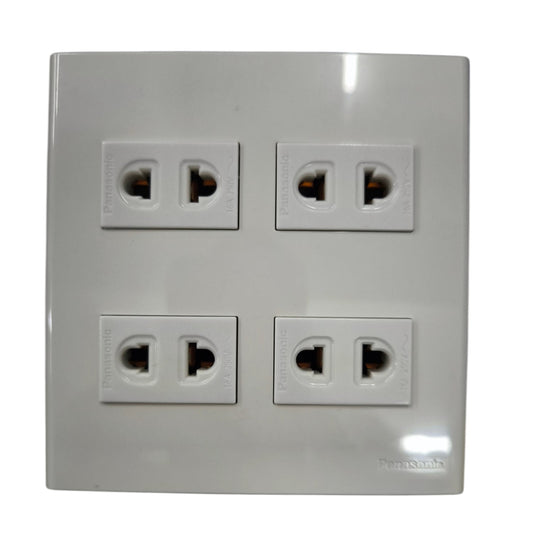 Panasonic 4 gang universal outlet with four universal power sockets in a white plastic frame