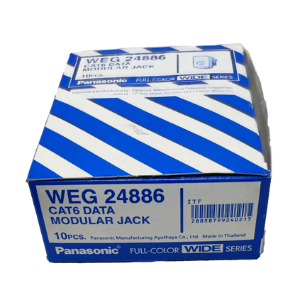 Box of Panasonic CAT6 Data Outlet modular jacks in white and blue packaging with 10 pieces