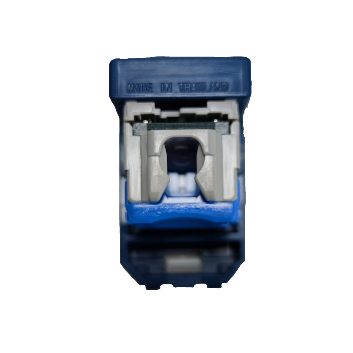 Close-up of Panasonic CAT6 Data Outlet electrical circuitry part in blue and white color
