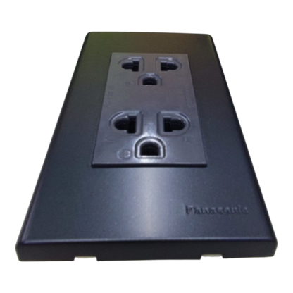 Panasonic Duplex Universal Outlet with Metallic Black Plate Cover , 2 Gang Convenience Outlet with Ground and Plate 16A 250V Wide Color Refina Series Metallic Black WEG6803MB-1/WEG15929H-5
