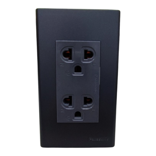 Panasonic Duplex Universal Outlet with Metallic Black Plate Cover , 2 Gang Convenience Outlet with Ground and Plate 16A 250V Wide Color Refina Series Metallic Black WEG6803MB-1/WEG15929H-5
