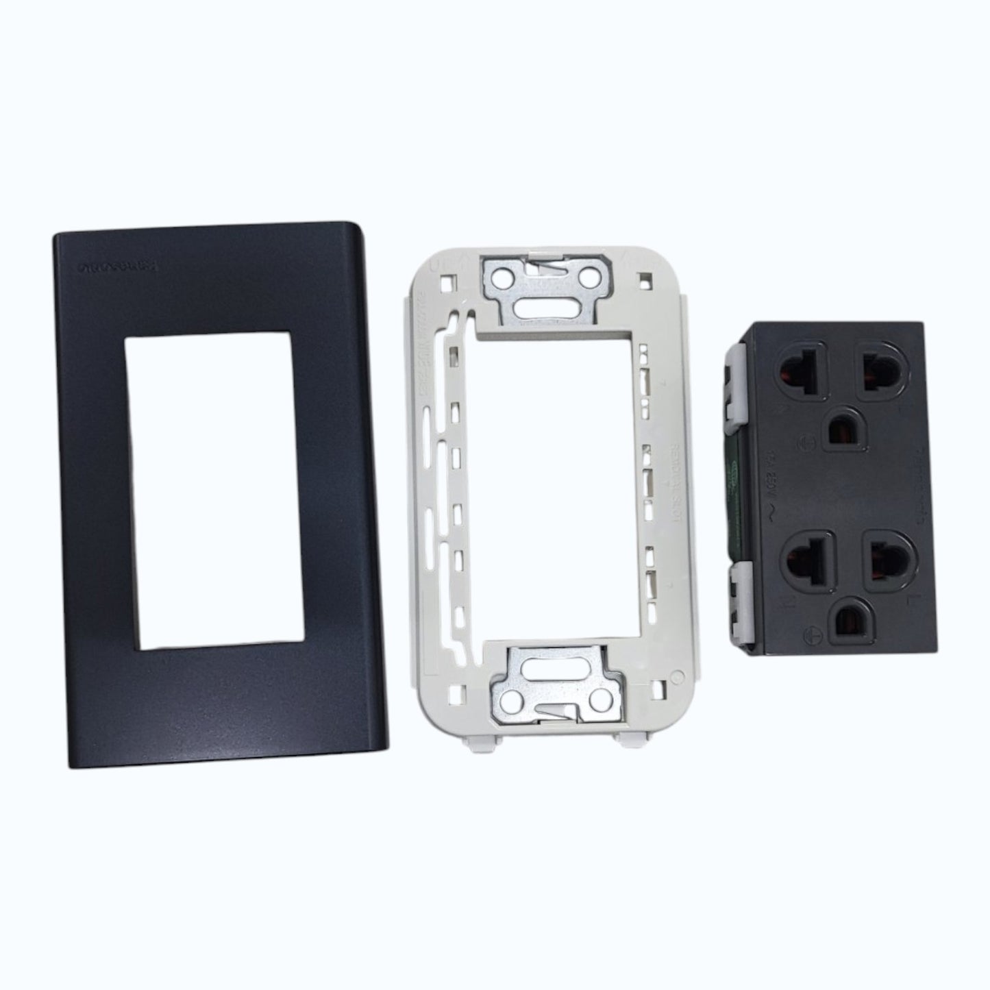 Panasonic Duplex Universal Outlet with Metallic Black Plate Cover , 2 Gang Convenience Outlet with Ground and Plate 16A 250V Wide Color Refina Series Metallic Black WEG6803MB-1/WEG15929H-5
