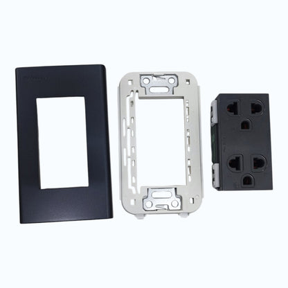 Panasonic Duplex Universal Outlet with Metallic Black Plate Cover , 2 Gang Convenience Outlet with Ground and Plate 16A 250V Wide Color Refina Series Metallic Black WEG6803MB-1/WEG15929H-5