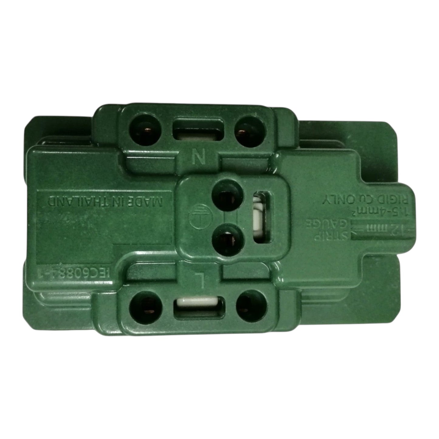A green molded plastic electrical terminal block with screw terminals and printed markings including 'N', 'L', and 'MADE IN THAILAND' on a plain white background.
