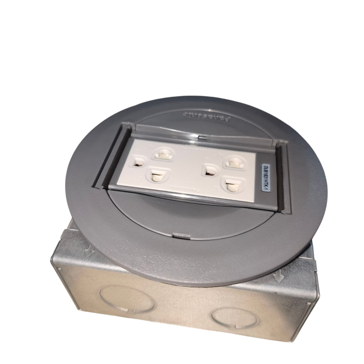 A circular gray electrical outlet cover with a built-in four-outlet power strip on top, mounted on a galvanized metal junction box against a white background.