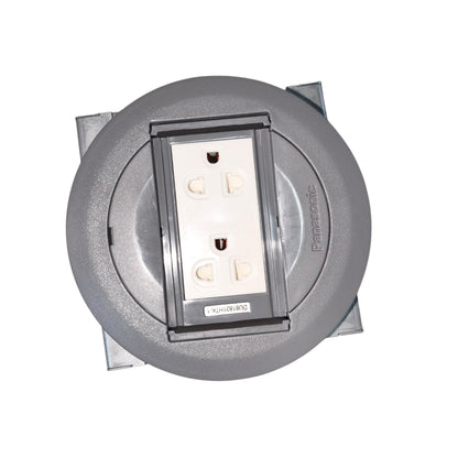 Panasonic outdoor waterproof duplex outlet socket in a circular gray junction box with metal mounting brackets, shown on a white background.