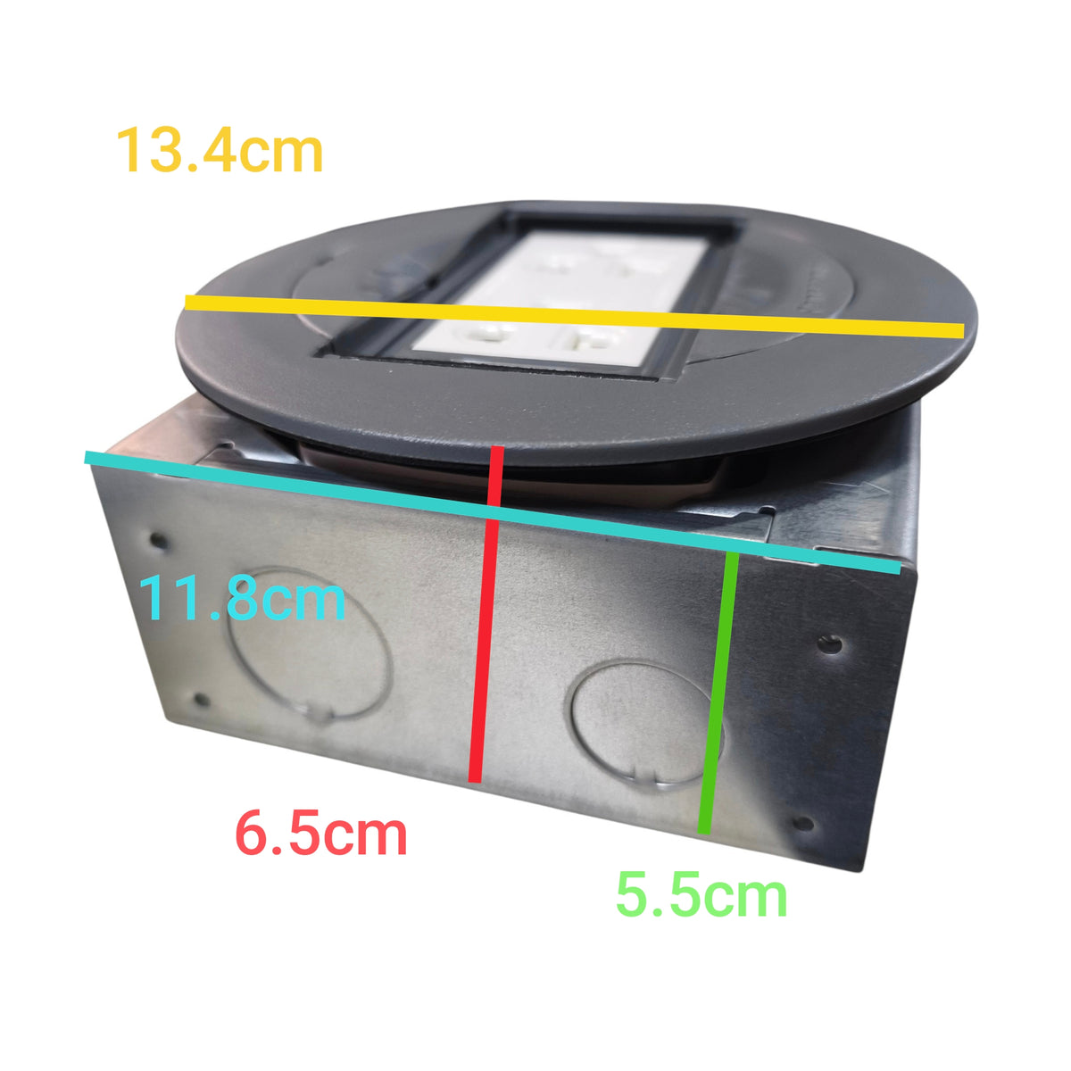 A metal electrical junction box with a circular black top cover, overlaid with colored dimension lines and text showing measurements of 13.4cm, 11.