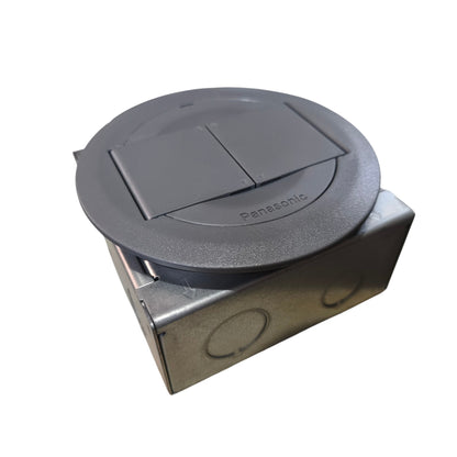 Panasonic grey plastic double switch cover plate mounted on a metal junction box, shown on a plain white background.