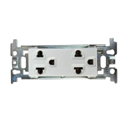 A double outlet electrical wall switch module with white faceplates and a silver metal mounting bracket, shown against a plain white background.