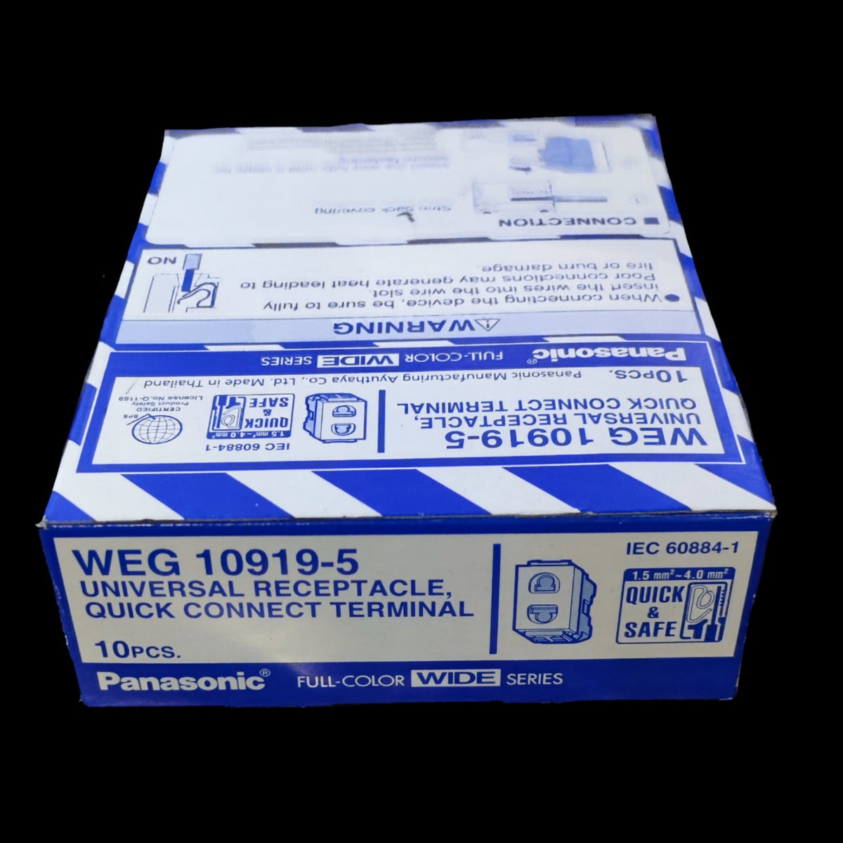Panasonic WEG 10919-5 universal receptacle box showing 10pcs for 16A 250V quick connect terminal outlet