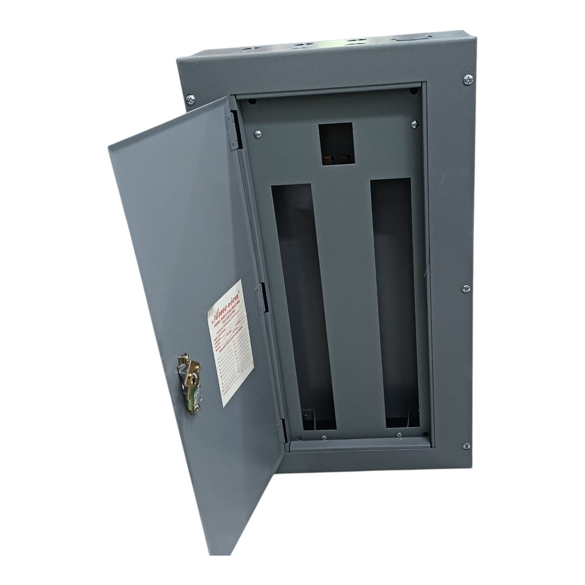 A gray metal electrical panel with the front door open, showing the interior compartment and a lock on the door, isolated on a white background.