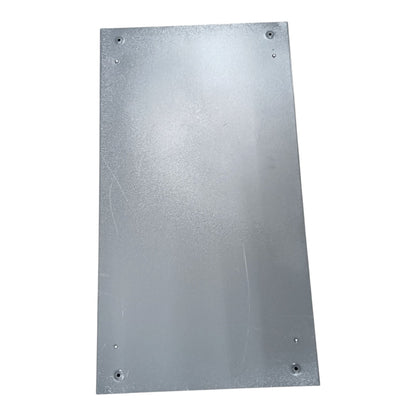 A rectangular metallic silver panel with pre-drilled screw holes in the corners, shown against a plain white background.