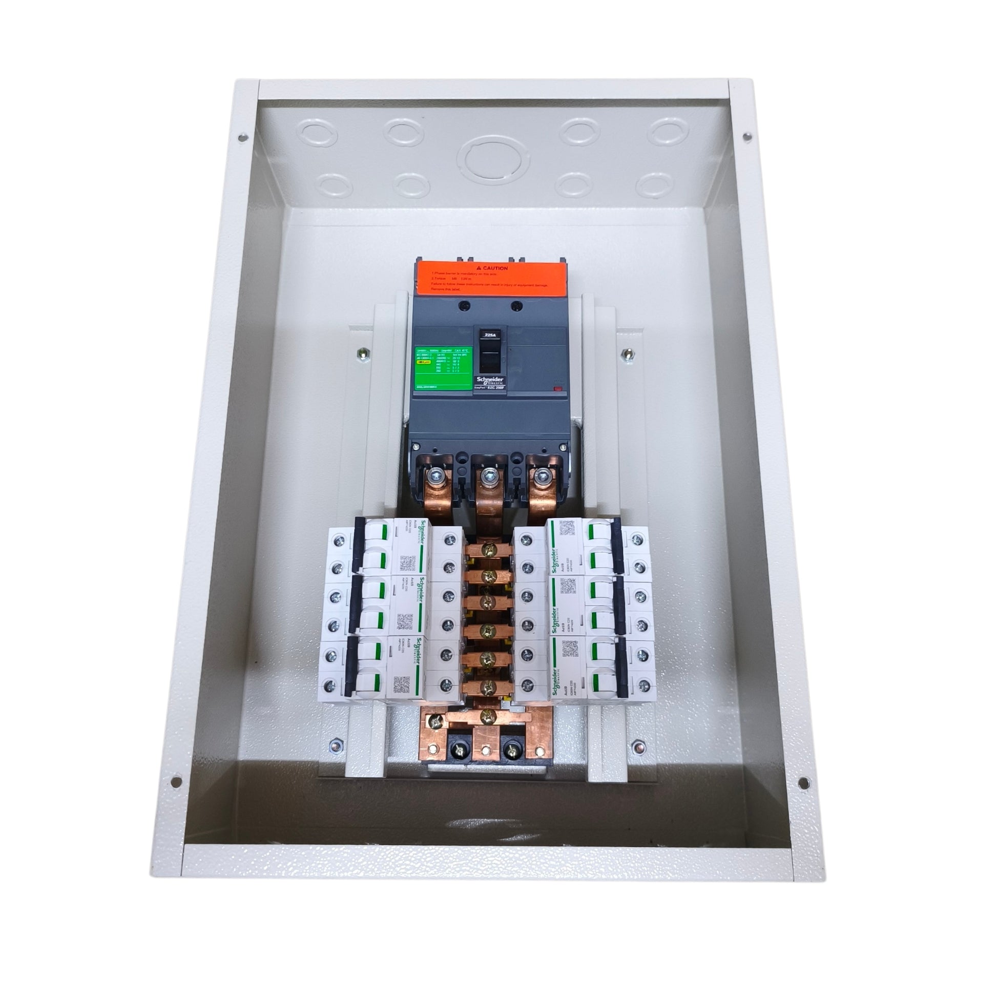 An electrical distribution panel featuring a main circuit breaker with an orange handle and green label, mounted above multiple modular white and copper-colored contactors inside a gray metal enclosure.