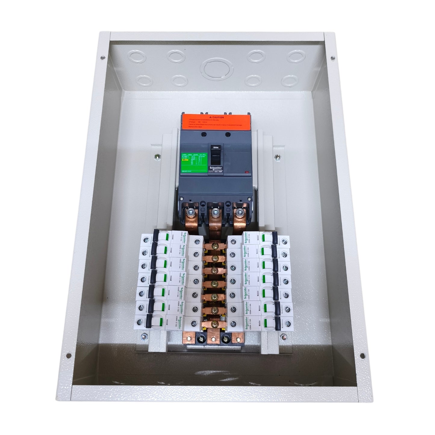 An open metal electrical distribution panel showing a main circuit breaker, fuses, and multiple terminal blocks on a plain white background.