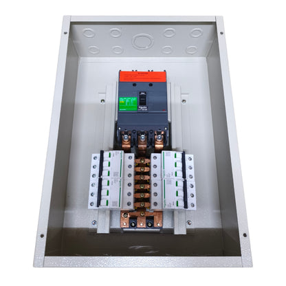 An electrical distribution box containing a main circuit breaker with an orange top and a digital display, alongside multiple white contactors and copper bus bars, shown on a white background.