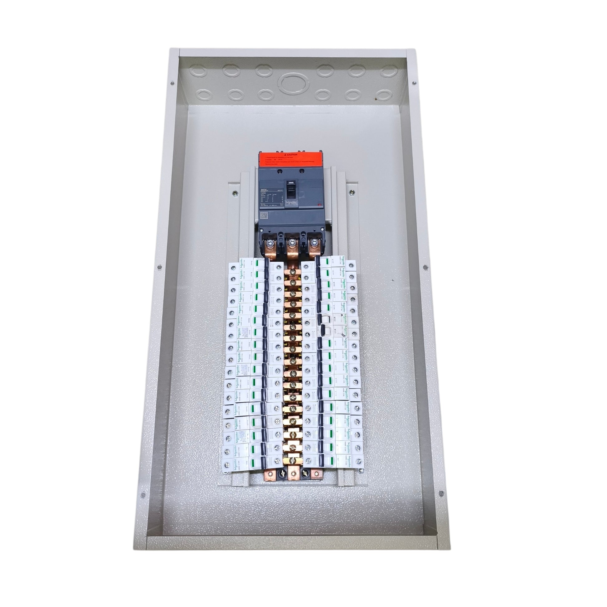 An open electrical panel showing a main circuit breaker with an orange handle, multiple fuses, and terminal connections inside a gray metal enclosure.
