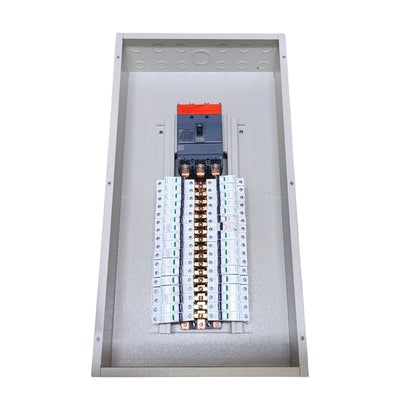 An open electrical panel showing a main circuit breaker with an orange handle, multiple fuses, and terminal connections inside a gray metal enclosure.