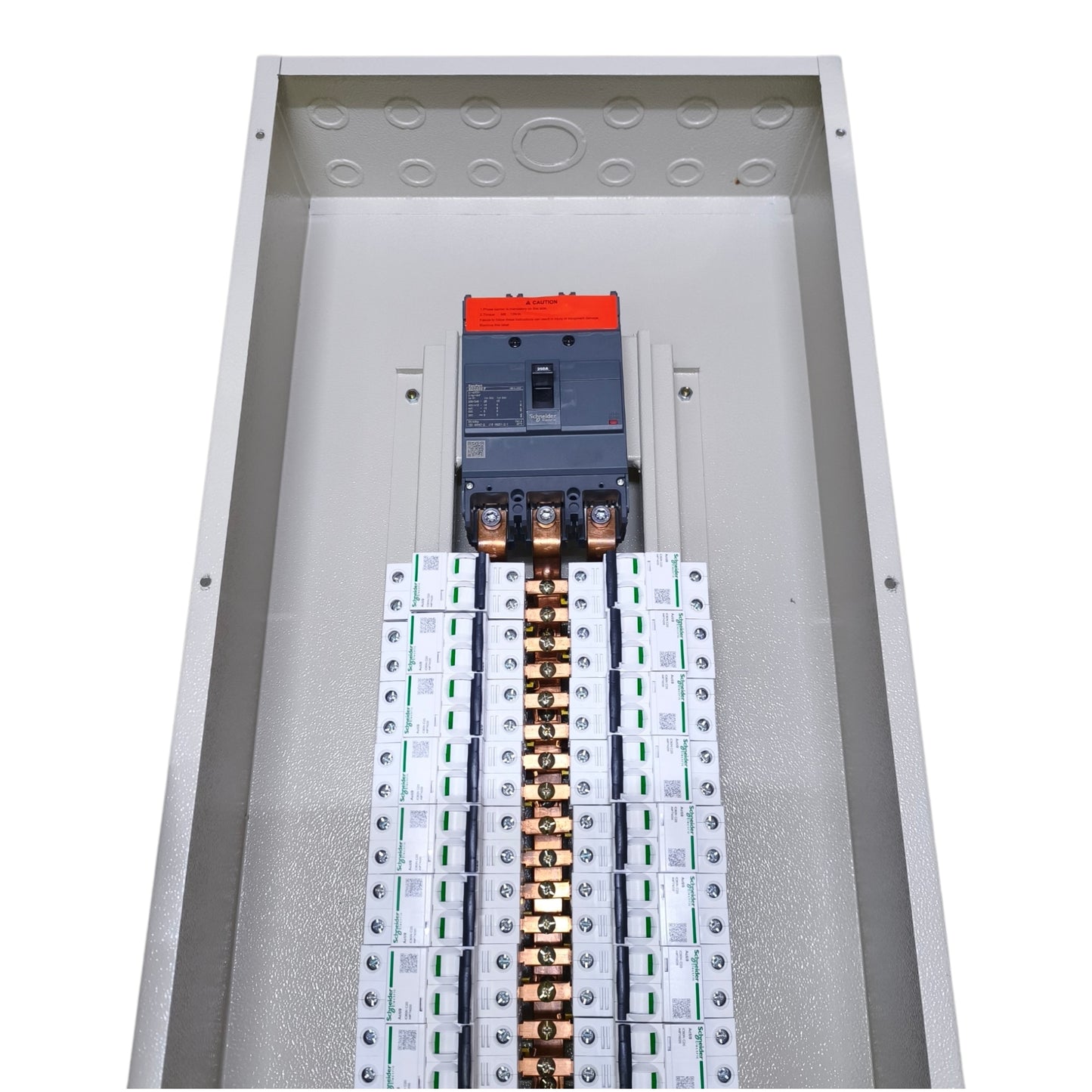 An open electrical panel showing a main circuit breaker with an orange handle above multiple rows of white and copper-colored busbar terminals inside a gray metal enclosure.