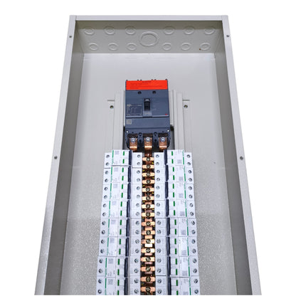 An open electrical panel showing a main circuit breaker with an orange handle above multiple rows of white and copper-colored busbar terminals inside a gray metal enclosure.