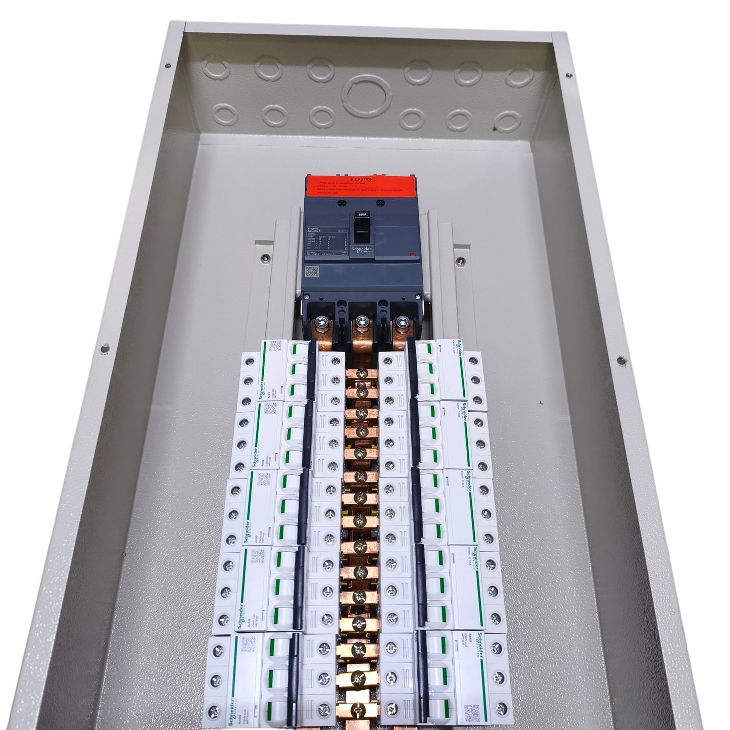 An electrical distribution panel showing a main circuit breaker with a red handle above multiple white and green circuit breakers connected by copper bus bars, isolated on a white background.