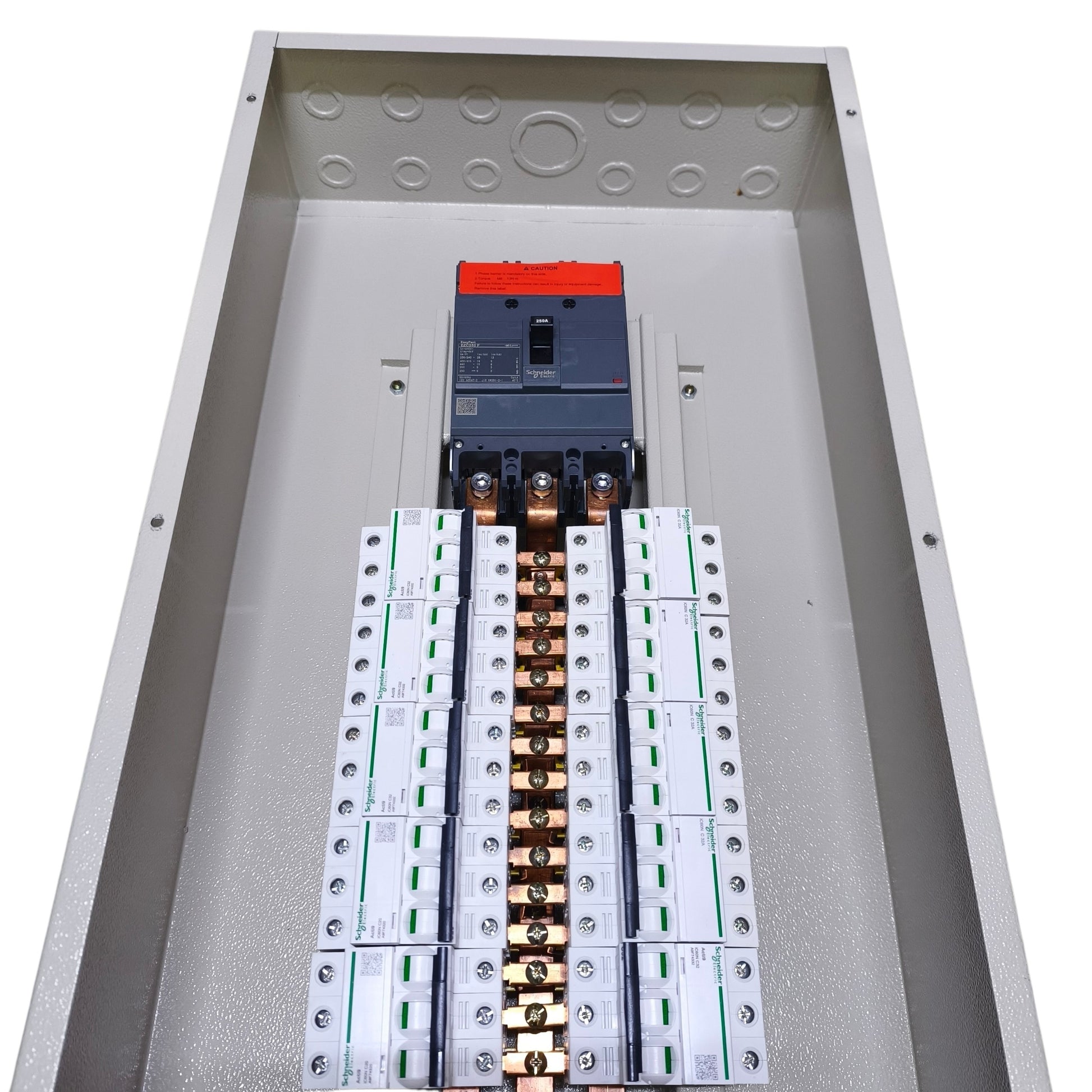 An electrical distribution panel showing a main circuit breaker with a red handle above multiple white and green circuit breakers connected by copper bus bars, isolated on a white background.