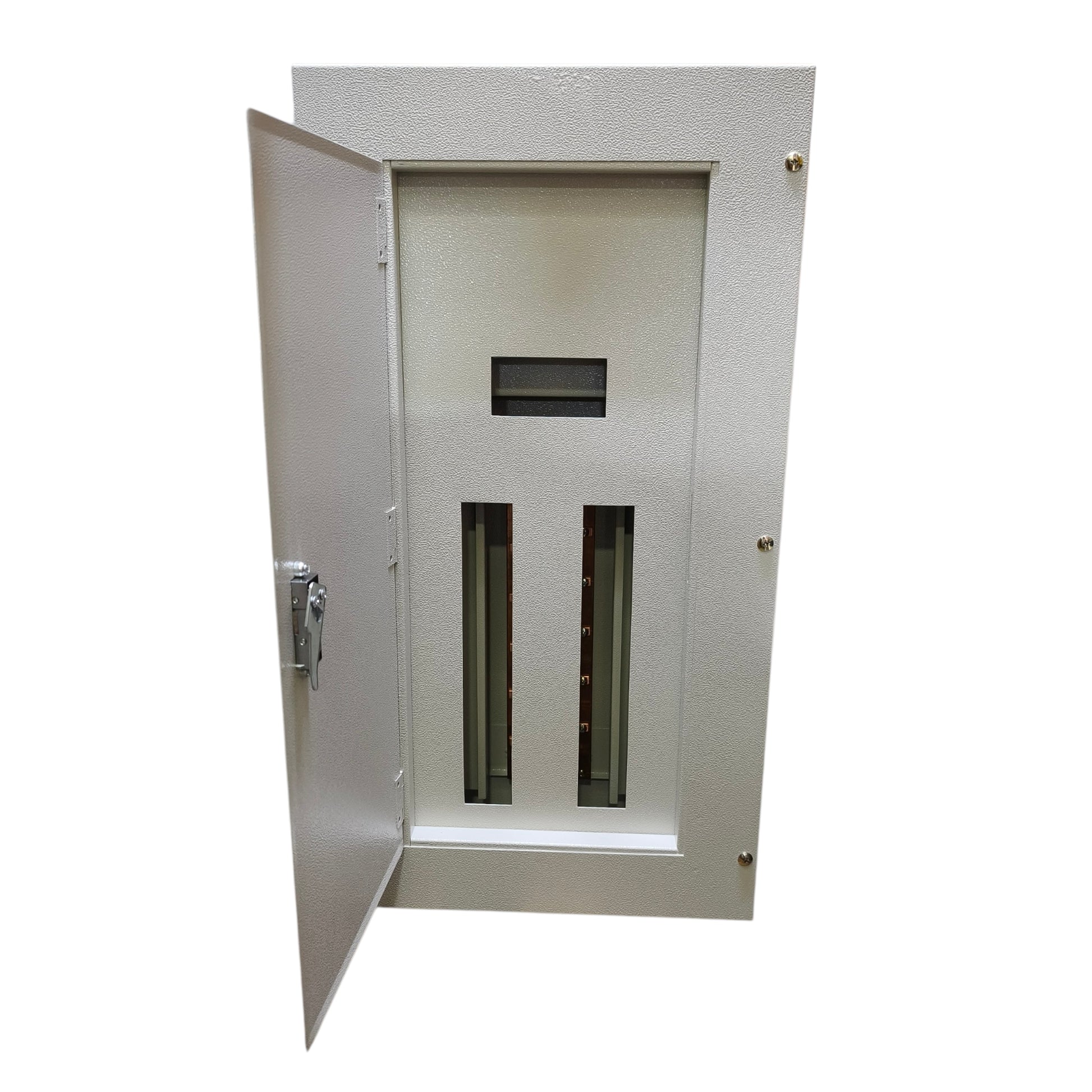 A white metal electrical distribution cabinet with its door open, showing internal bus bars and terminal blocks, isolated on a white background.