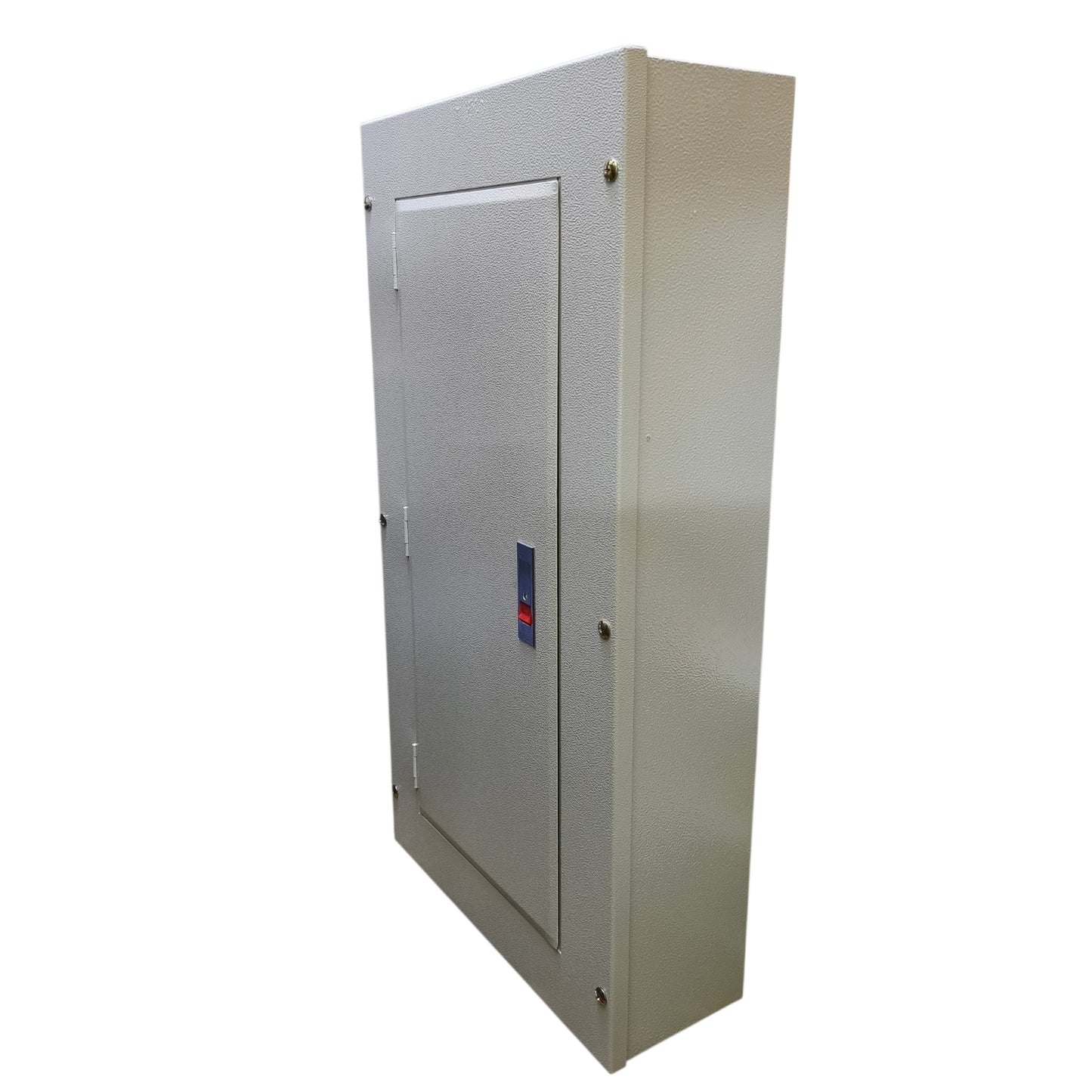 A tall, rectangular metal electrical or utility cabinet with a textured light gray door and side panel, featuring a small blue and red handle, shown on a plain white background.
