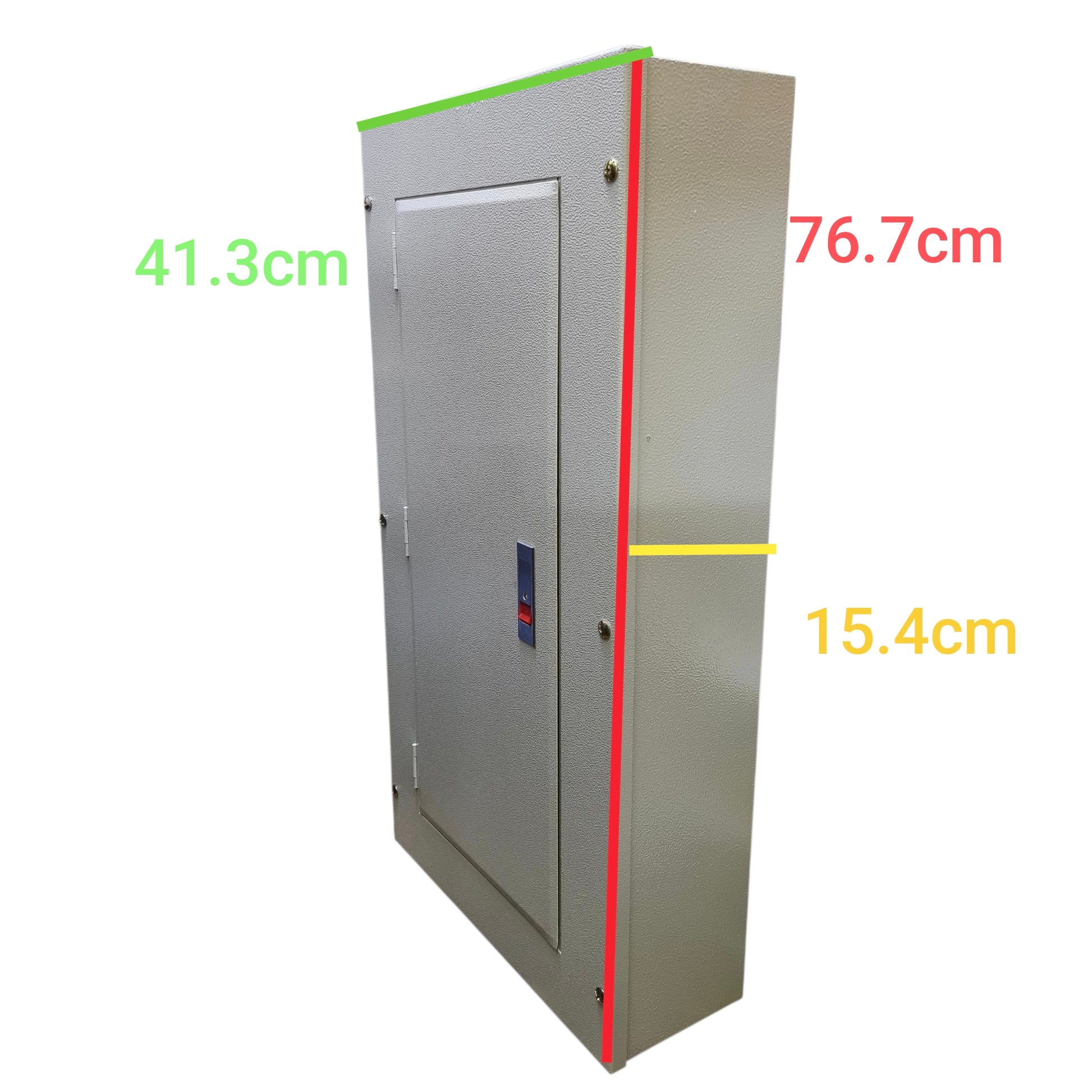 A tall gray metal utility cabinet shown on a white background with overlaid dimension labels: 41.3 cm, 76.7 cm, and 15.4 cm.