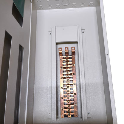 An electrical distribution panel or fuse box showing a copper bus bar with multiple terminal posts inside a gray metal enclosure.