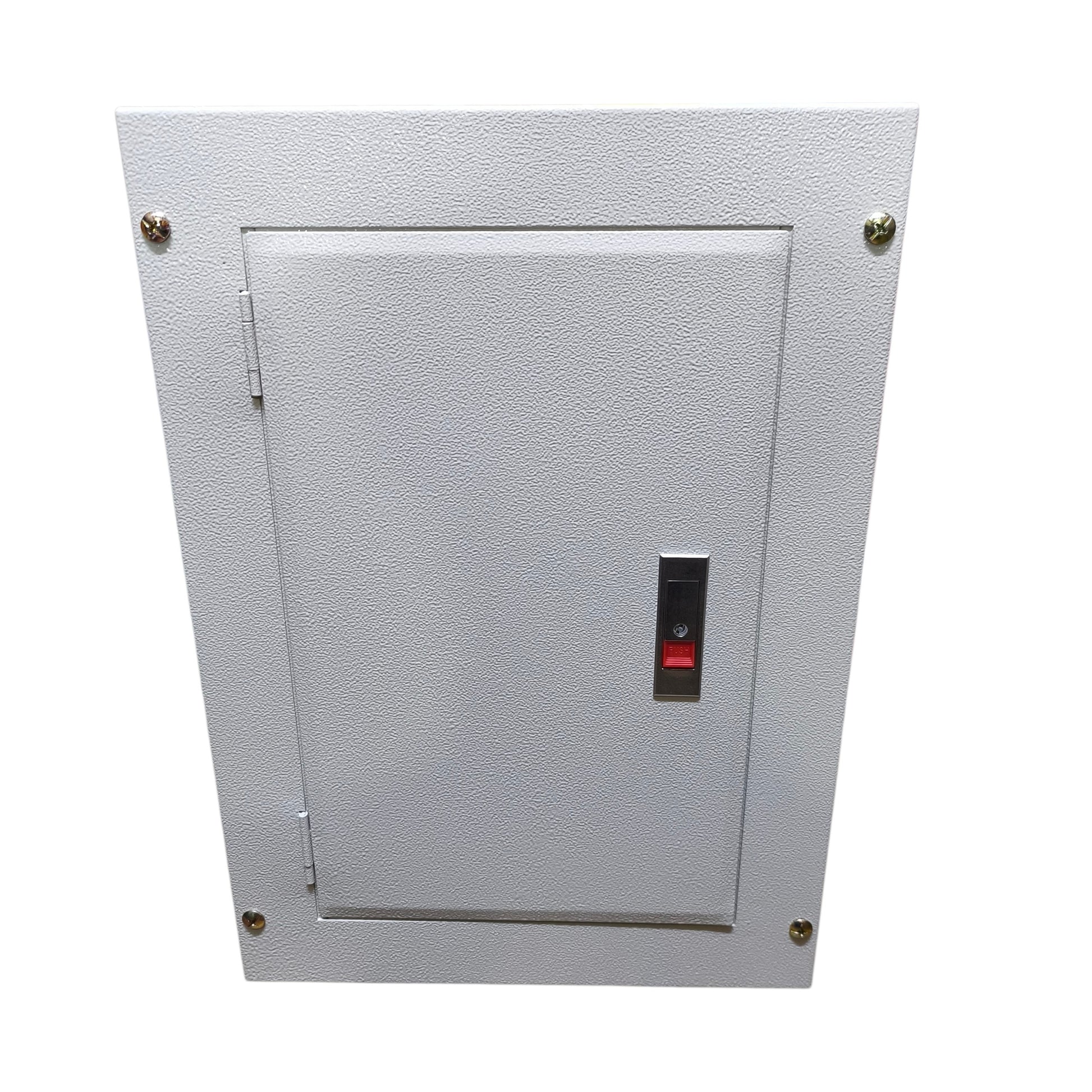 A white textured metal electrical panel or cabinet with a hinged door, secured by four brass screws, featuring a small black and red switch on the door.