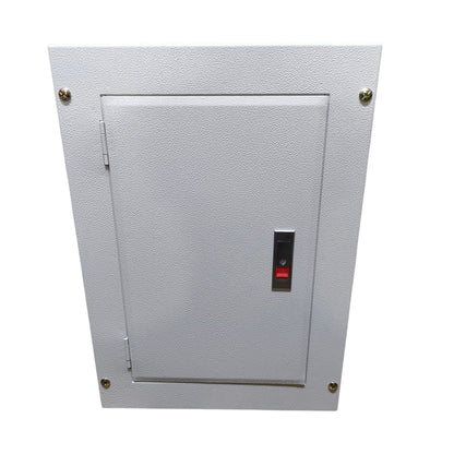 A white textured metal electrical panel or cabinet with a hinged door, secured by four brass screws, featuring a small black and red switch on the door.
