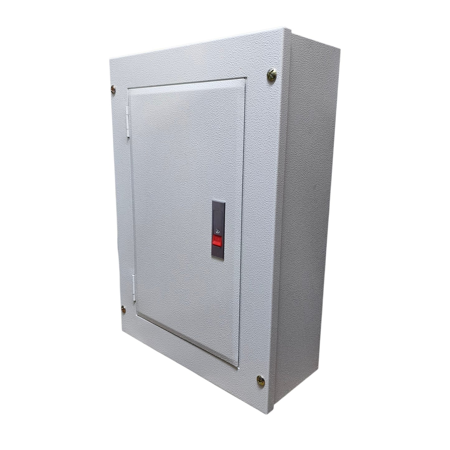 A tall, rectangular gray metal utility or electrical cabinet with a textured finish, featuring a hinged front door, a small vertical red-and-black label, and mounting screws at the corners, shown on a plain white background.