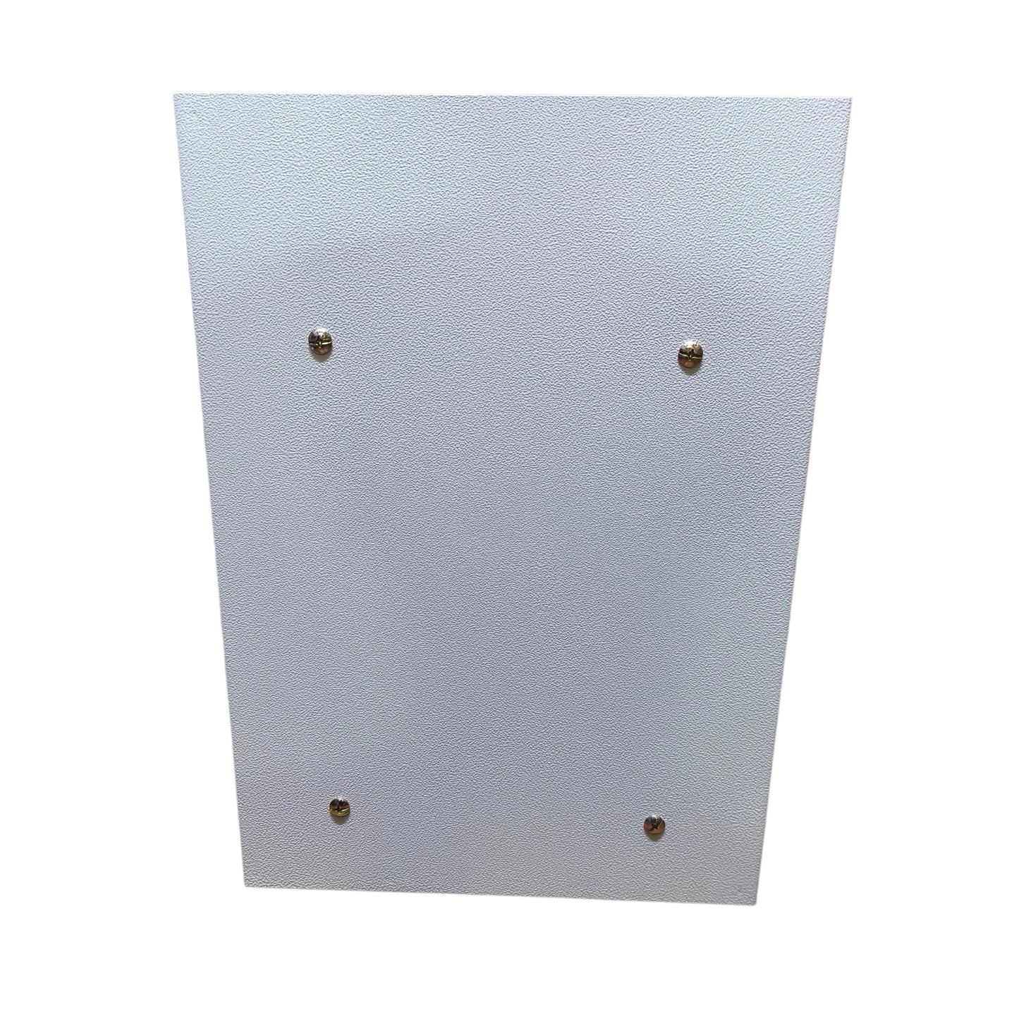 A square white textured panel or board with four small metallic screw holes, shown against a plain white background.